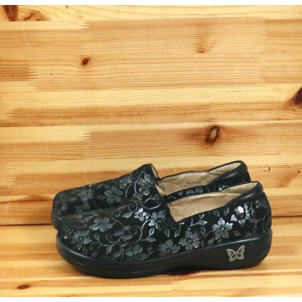 Alegria Women's Black Suede Leather Floral loafers Size 5.5 Shoes